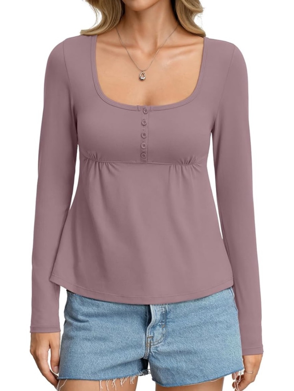 Scoop Neck Button-Front Long Sleeve Babydoll Top in Grey Pink NWT